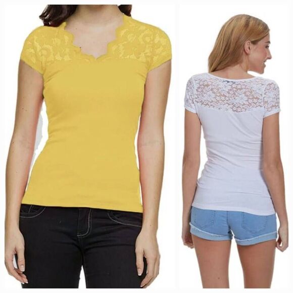 🔸️Ambiance Apparel Canary Yellow Lacy Cap Sleeve Top Medium - Picture 7 of 7